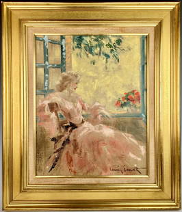 Louis Icart (1888-1950) "In the Window" Original: Circa 1930, oil on canvas, signed lower right "L. Icart", also titled by Icart on reverse "A La Fentre 1x and 84", Icart original paintings are rare to find, this is 100% guaranteed to be authentic