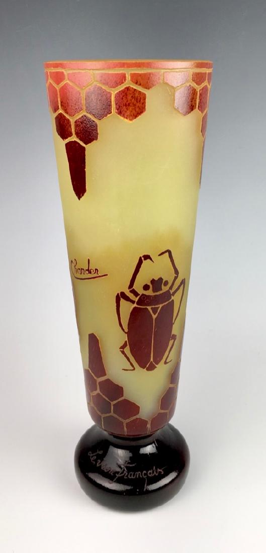 Le Verre Francais "Charder" Scarabees Vase: A cylindrical shaped cameo scarabees (beetle) vase, signed in cameo "Charder" and inscribed "Le Verre Francais France", very good condition, 11.25" height