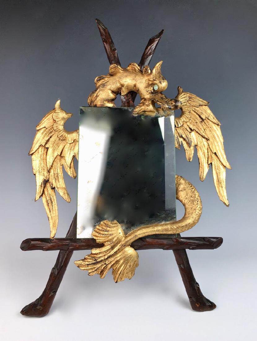 Carved Gilt Wood Winged Dragon w/ Mirror C. 1900 (1 of 2)