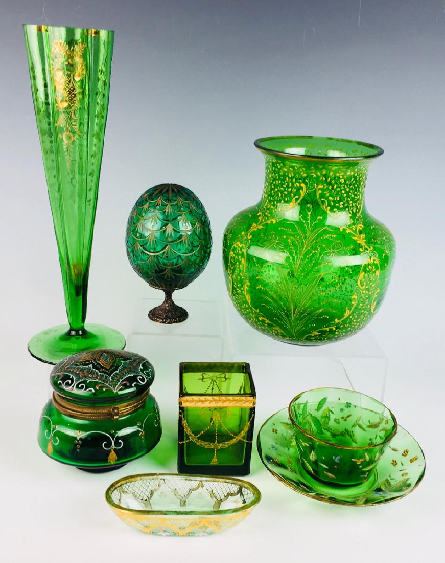 Group of 8 Moser Style Glass Items in Green Glass (1 of 2)