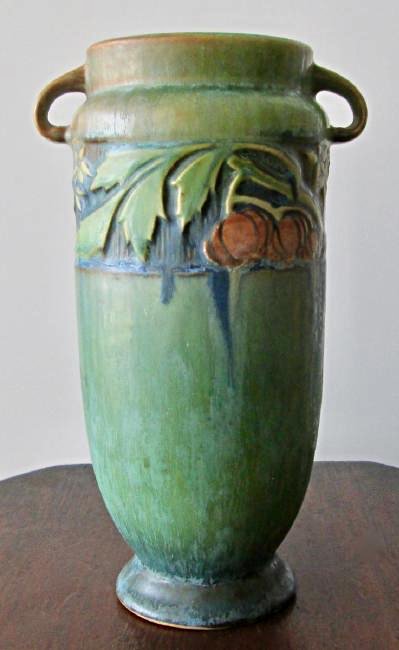 Roseville Green Baneda Vase w/ Blue Drip C. 1933 (1 of 5)