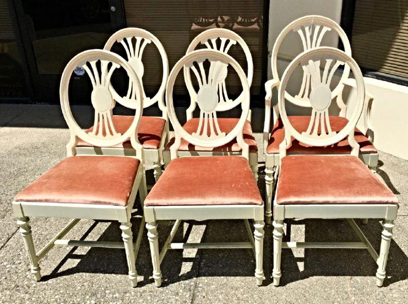 Set of 6 Edwardian Dining Room Chairs: All painted white, one arm chair and 5 side chairs, having an oval back with pink velvet seats, good condition, 38" x 20"