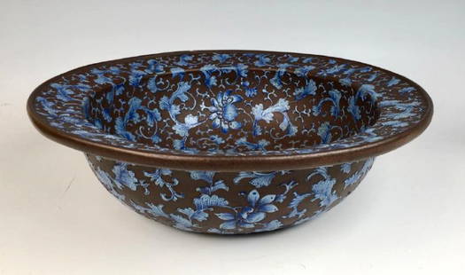 Early Chinese Yixing Pottery Bowl: Bowl decorated with blue enamel designs both inside and out over a dark brown pottery, good condition, small chip at rim edge, 3.5" height, 12.75" diameter