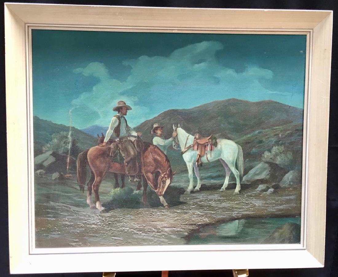 Charles Damrow (1916-1989) Cowboys Illustration: Circa 1950, oil on board, known for his western illustrations, signed on lower right, very good condition, lightly faded, 24" x 30" board, 28" x 34" with frame