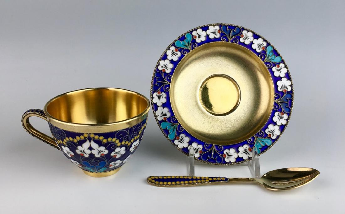 Russian Silver & Enamel Cup, Saucer & Spoon (1 of 6)