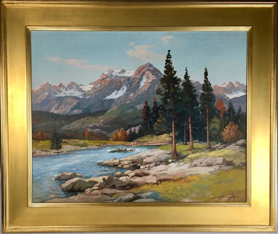 Alexander D'zigurski (1911-1995) Oil Painting: "Snow Covered Mountains" painting on canvas, mounted in a gilt impressionist frame, signed on lower right, 30" x 24" canvas, 37.5" x 31.5" with frame