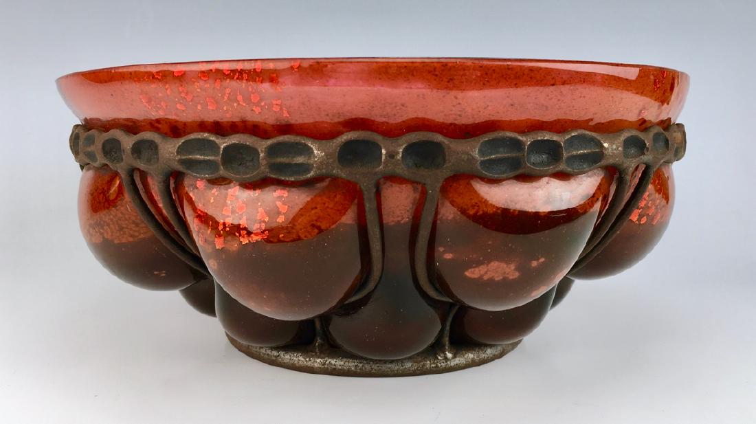 Daum Nancy & Louis Majorelle Mottled Glass Bowl: Circa 1925, wrought iron and mottled glass bowl, having foil inclusions, signed "Daum Nancy France" with cross of Lorraine, very good condition, 5" (12.8cm) height, 11" (28cm) diameter