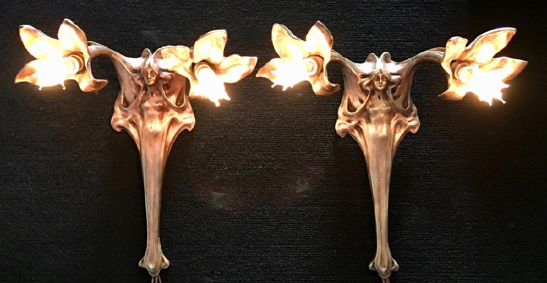 H. Sibeud Pair Art Nouveau Bronze Sconces C.1900 (1 of 6)