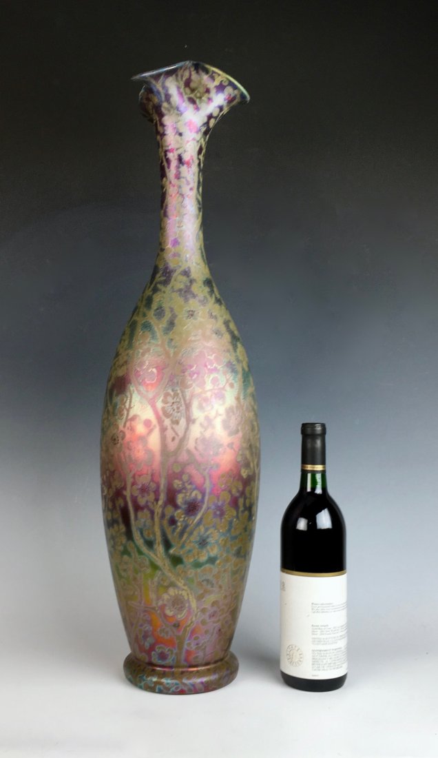 Monumental Clement Massier (1844-1917) Vase: Stunning! Having French metallic glaze and a scene of leaves and vines with flowers, signed on bottom "Clement Massier, Golfe Juan AM", very good condition, 27.5" height