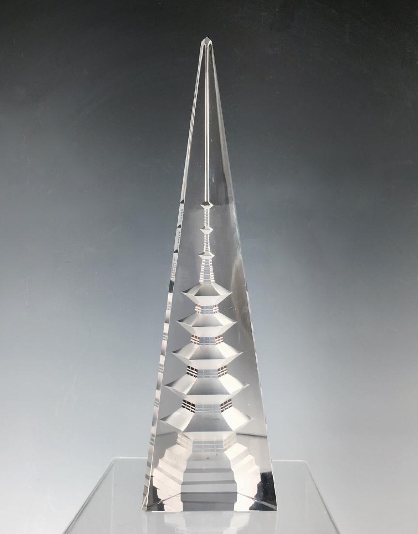 Steuben Style "Pagoda" Paperweight: Signed with a letter "S" but we believe this is attributed to Hoya Glass Company, very good condition, no problems, 11.75" height