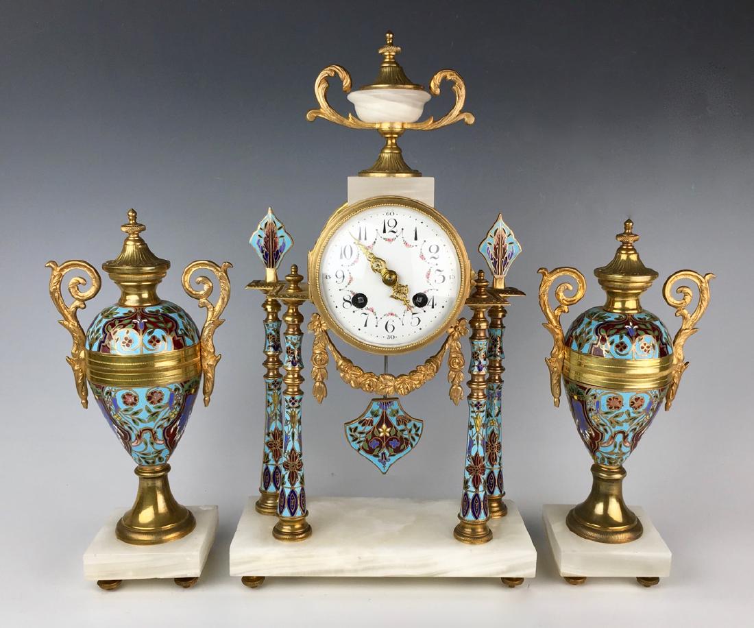 French Bronze & Champleve Clock Garniture Set (1 of 3)