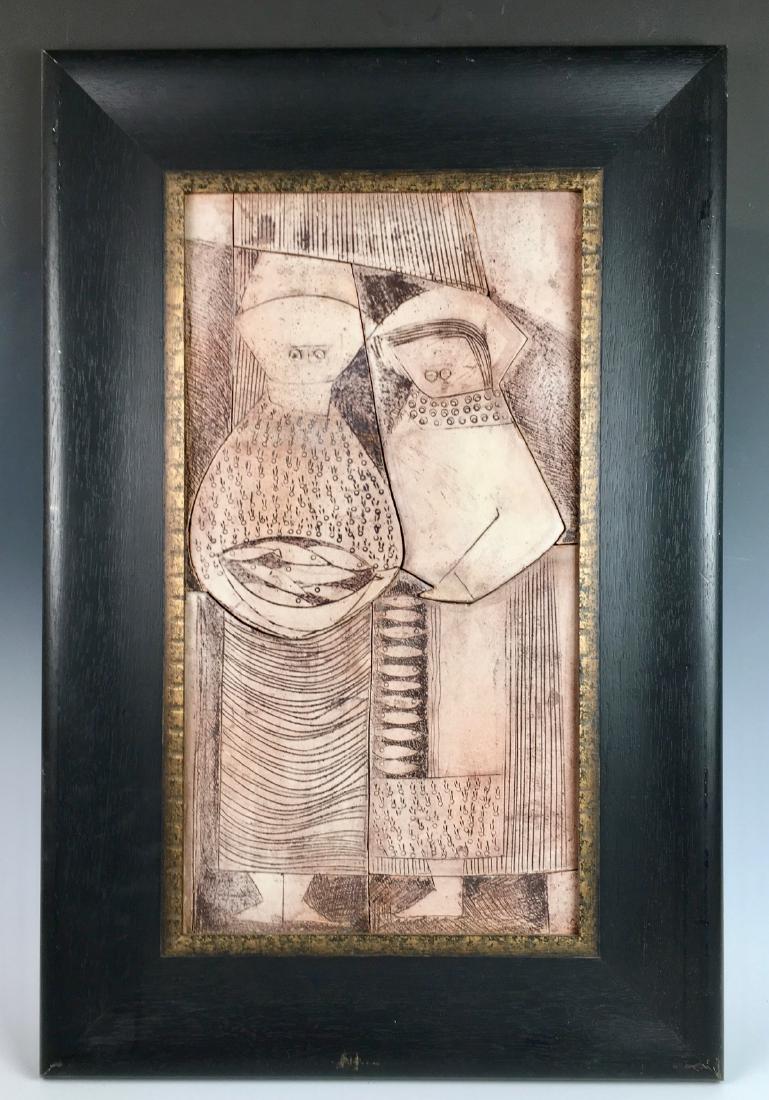 Unusual Modernist Mid-Century Tile Plaque: Circa 1950, tile mounted in a black oak frame, 20.5" x 11" tile, 28.5" x 19" with frame