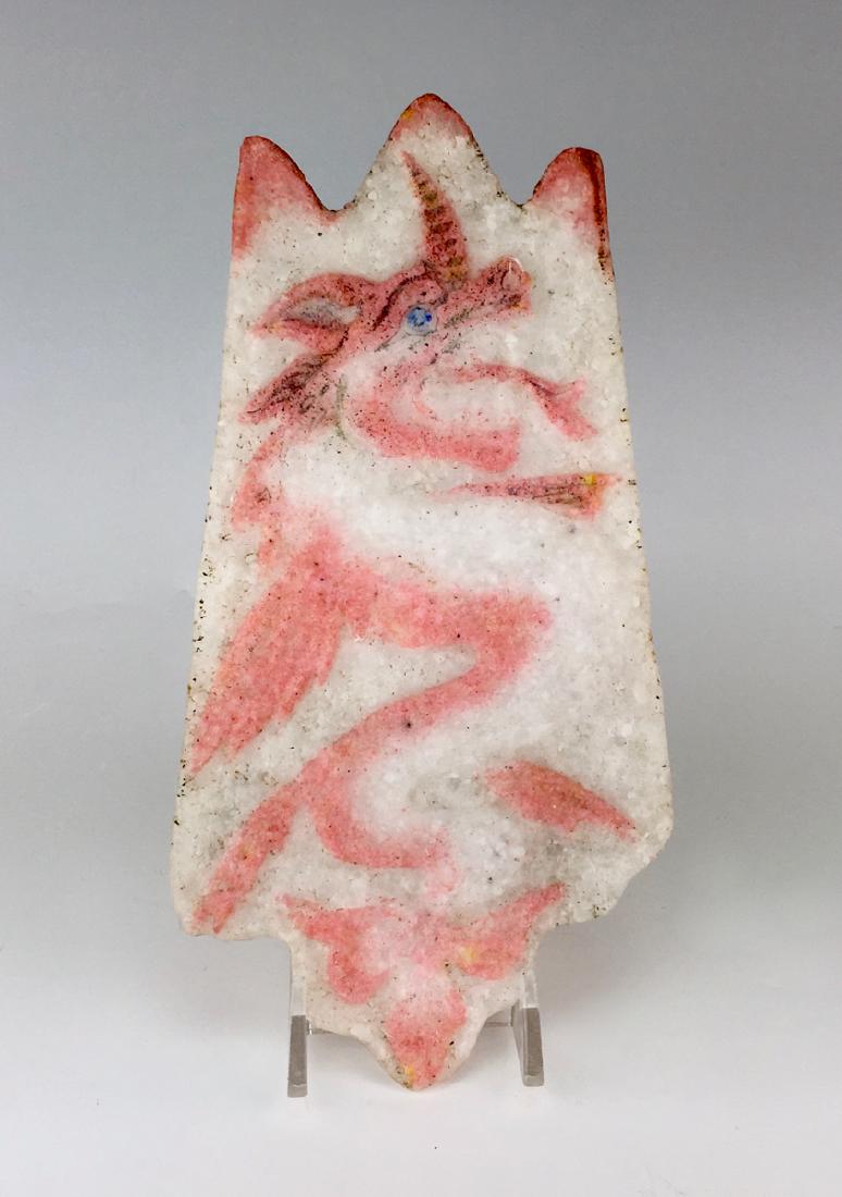 French Pate de Verre Plaque by Cros (1840-1907): French bas-relief glass pate de verre plaque by Henri Cros, having dragon in colors of pink against a white crystal like ground, most likely an experimental pate de verre plaque, not signed, very good