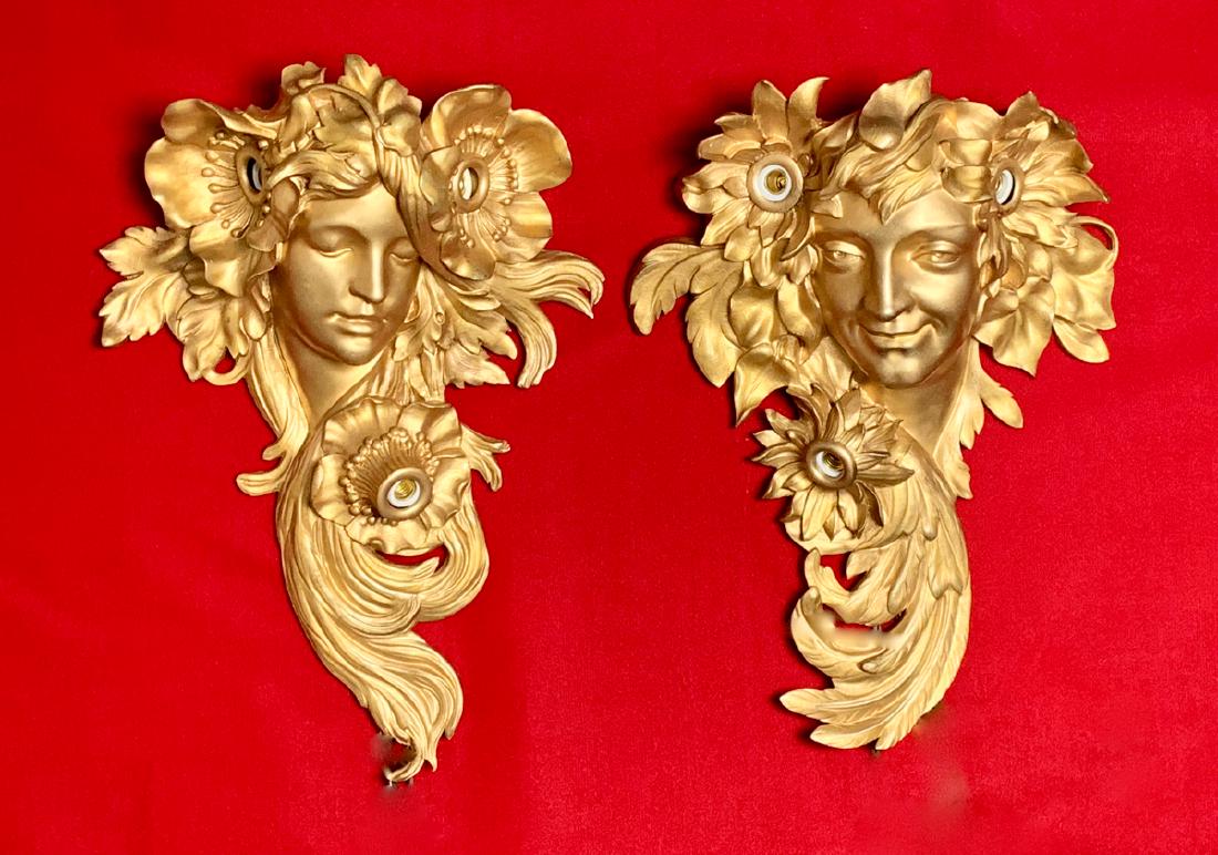 Period Bronze Art Nouveau Face Sconces C. 1900 (1 of 4)