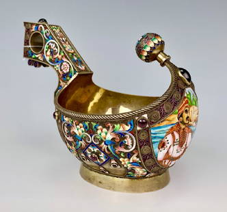 Large Russian Kovsh Cup with Enamel Scene: Handle and cup fully decorated in multi colors of enamel with front having scene of a man and woman all over a sterling silver body, having cabochon garnets decorated on handle and cup, marked "84" an