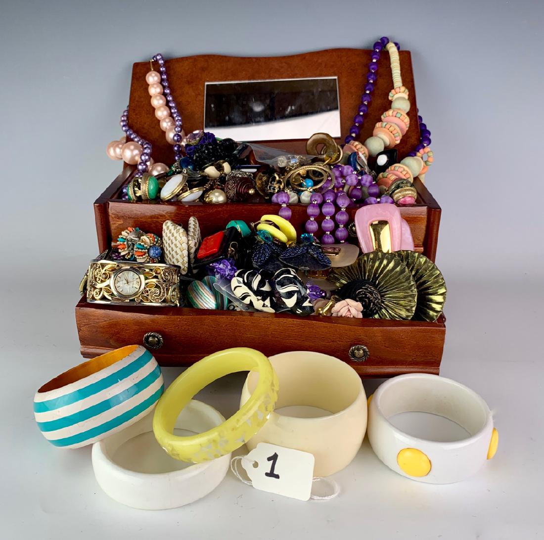 Large Group of Costume Jewelry with Box: Names like Bauer, Weiss, 5 bracelets and 30 pairs of earrings, necklaces, good lot, good condition