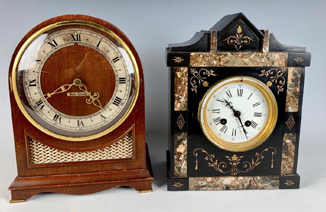 2 Clocks, Seth Thomas & Victorian Marble C.1900: Seth Thomas chime clock with electric movement and an A.D. Mougin French movement clock, cases are in good condition, not in running condition, both 11" height