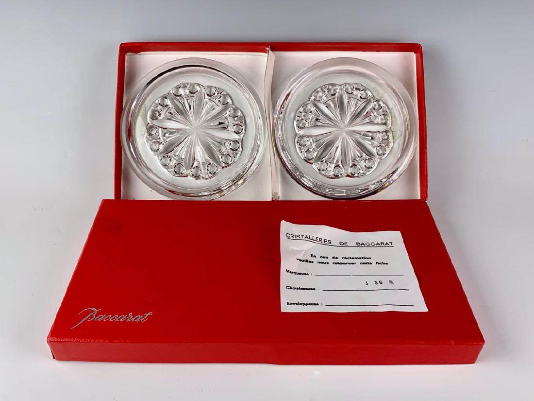 Pair Signed Baccarat Bottle Coasters: Both signed with the Baccarat acid mark, with original fitted Baccarat box, very good condition, like new, 5.25" diameter