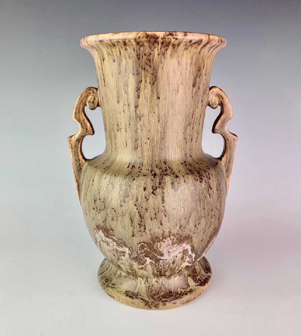Large & Exceptional Roseville Carnelian II Vase: One of the nicest glazes to be seen, shades of tan with purple highlights, great overall glaze, partial Roseville ink stamp, good condition, 10" height
