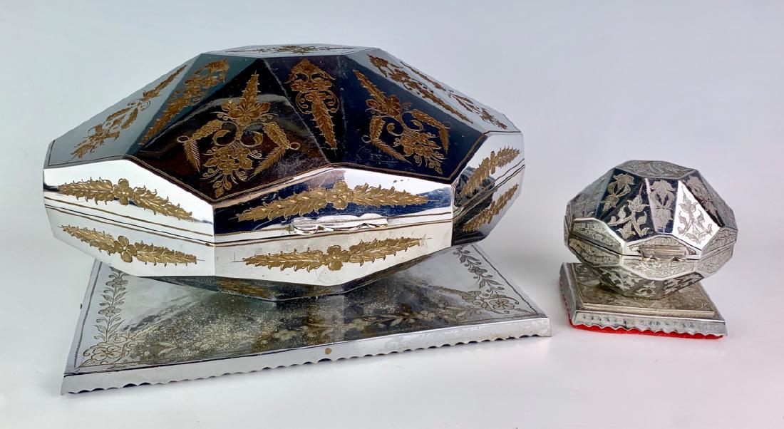 Pair Swiss Silver Over Bronze Jewelry Music Boxes: Each box is silver plated over bronze, decorated with etched flowers and leaves, when opened it plays music with movement made by Thorens song "Angeles Serenade", lined in blue velvet, good condition,