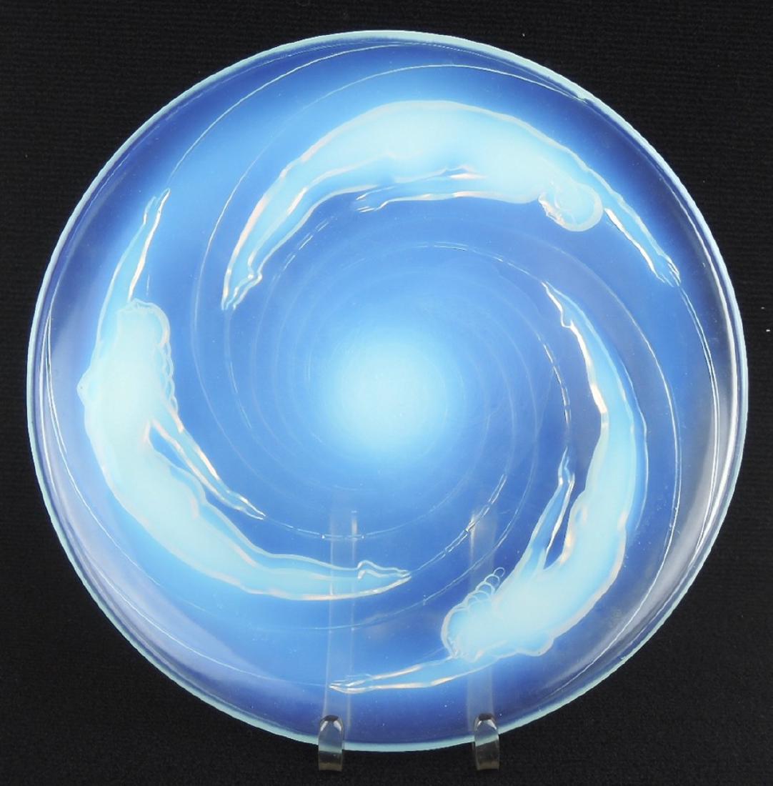 Sabino "Sirenes" Opalescent French Art Glass Plate: Opalescent plate having 3 raised relief nudes, signed "Sabino Paris", very good condition, 11.75" diameter