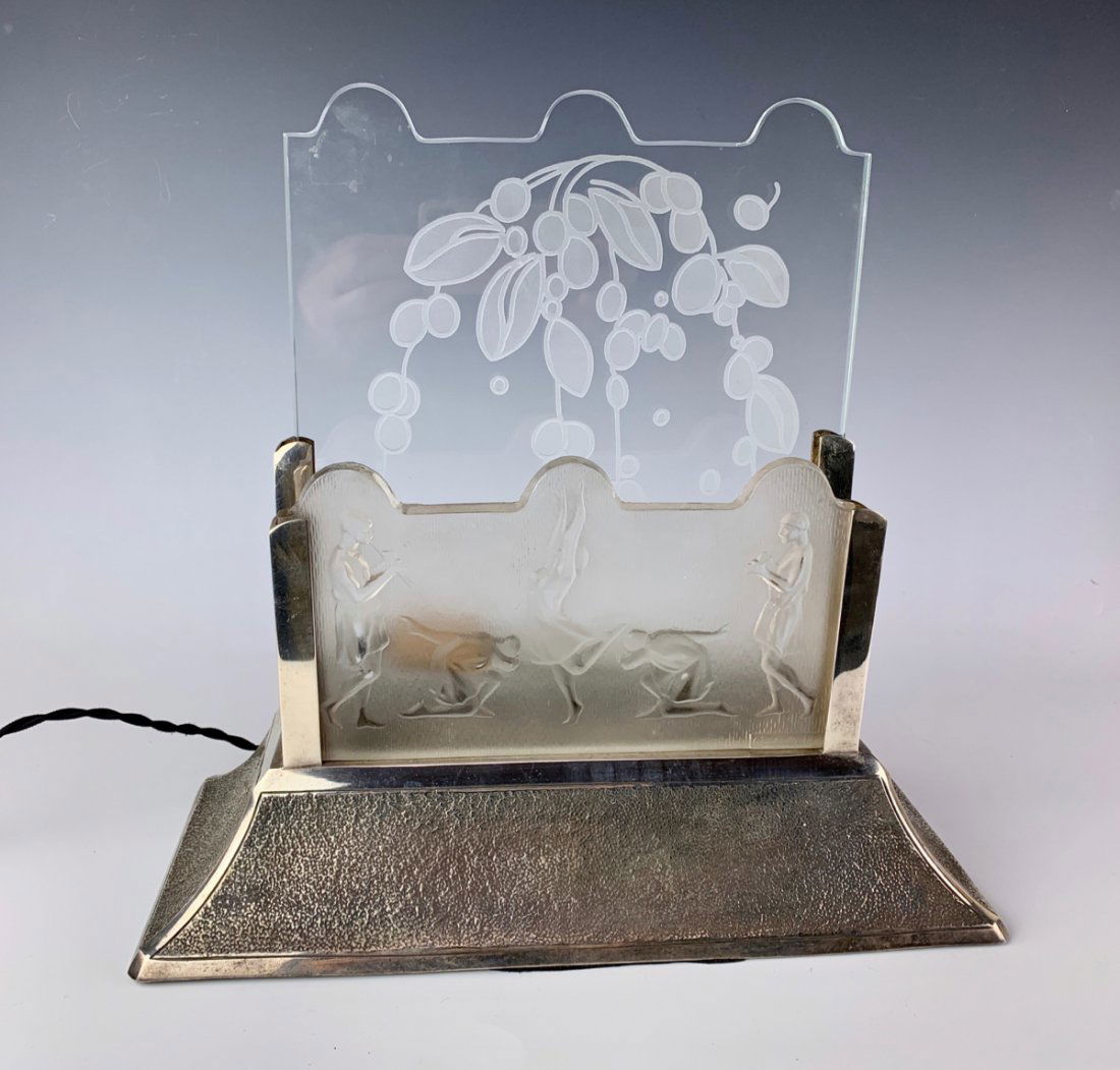 Art Deco Luminaire Signed Costebelle C. 1920: Wonderful art deco luminaire with 2 glass panels, one is frosted with raised relief molded ladies dancing and the back panel is clear with frosted dangling fruit, both panels mounted in a silver plate