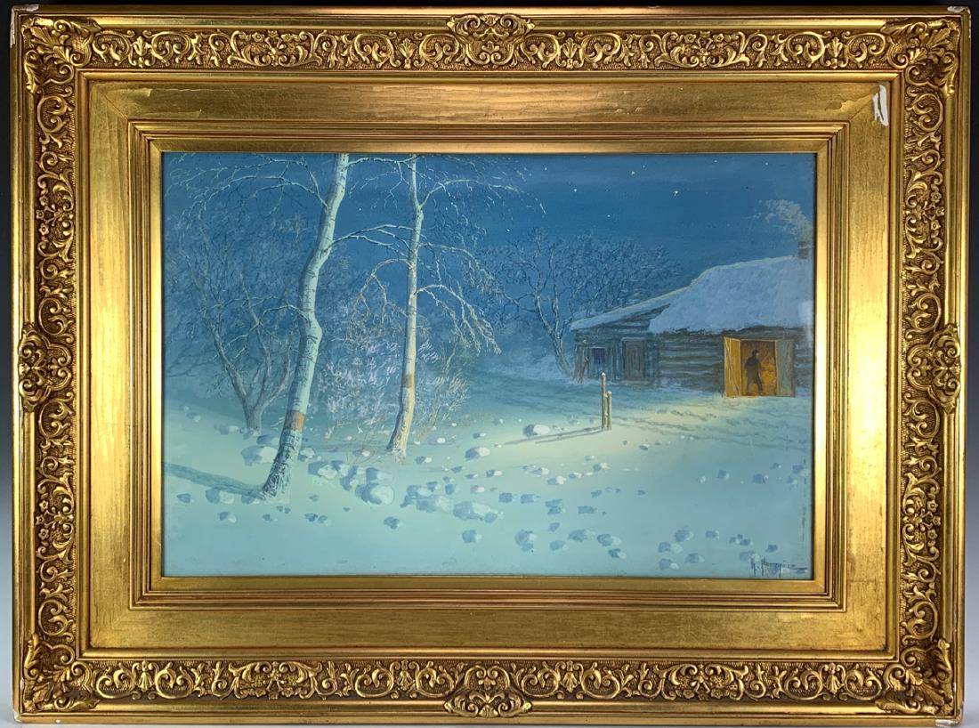 Evening Snowstorm Watercolor Painting sgd H Pether: Circa 1900, signed "H. Pether" lower right, beautiful snow scene with birch trees and a man coming into the warmth of a cottage, mounted in a very nice quality gilt frame, in great condition, frame ha