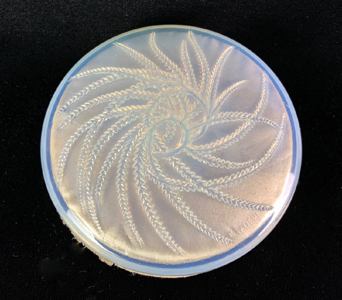 Rene Lalique Powder Jar "Four Flasks": Created in 1928, round in shape, pressed opalescent glass lid, molded box in silk, signed "R. Lalique", good condition, 5.5" x 1.75"
