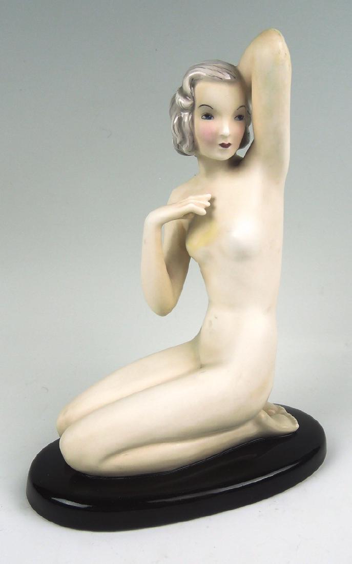 Goldscheider Art Deco Nude sgd Herczeg: Circa 1930, matte finish nude Goldscheider figurine signed by the artist Claire Weiss Herczeg, marked "Goldscheider Wein", "Made in Germany", numbered "8253, 164, 5", good condition, height 9.5"