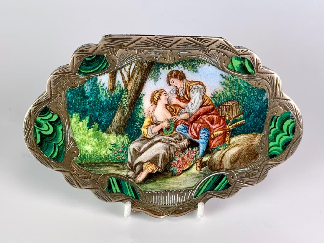 Italian Silver & Enamel Decorated Compact: Decorated with a romantic scene of a young woman and her lover, marked on inside 800 silver, very good condition, needs polishing, 4.125" x 2.75"