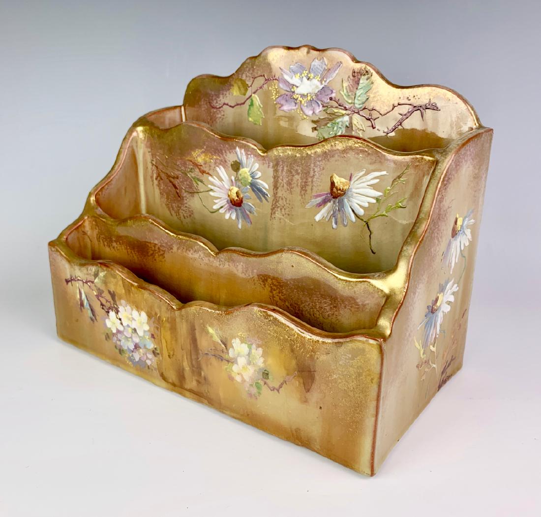 Clement Massier Pottery Letter Holder C. 1890: French glazed pottery 3 letter holder decorated with hand painted flowers, signed "C.M. Golfe Juan AM", very good condition, 9.25" x 5.25" x 7.5"