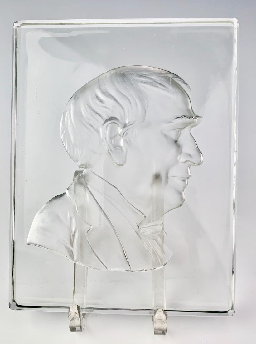 Carder Steuben Glass Thomas Edison Portrait: 1929 by Carder, signed "Steuben", likely made to insert into a luminaire base, a relief portrait of Thomas A. Edison given by Henry Ford at a banquet in Dearborn Michigan on October 21, 1929, a celebr