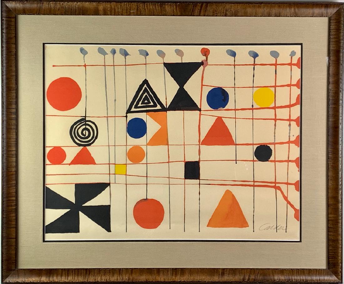 Alexander Calder "Quilt" Pencil Signed Lithograph: Alexander Calder (American b. 1898) modernist abstract lithograph from original gouache, pencil signed on lower left "Calder" in pencil, matted and framed, limited edition, good condition, inside fram