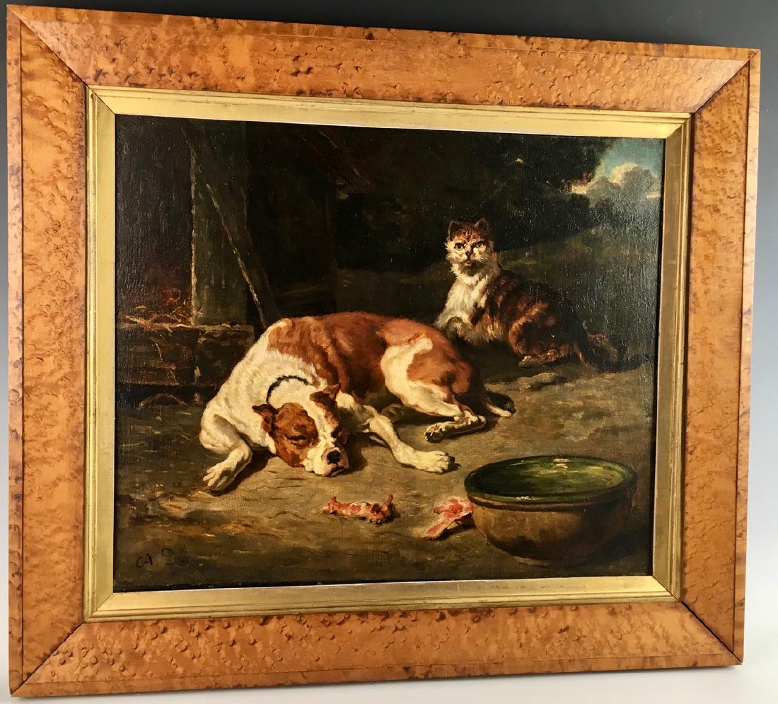 "The Intruder" Attr. Alfred Dreux (Fr. 1810-1860): Humorous oil on canvas laid down on board, depicting a scene of a cat eyeing food with a pitbull asleep guarding his meal, mounted in a bird's eye maple frame, very good condition, 15" x 18", 20" x 23