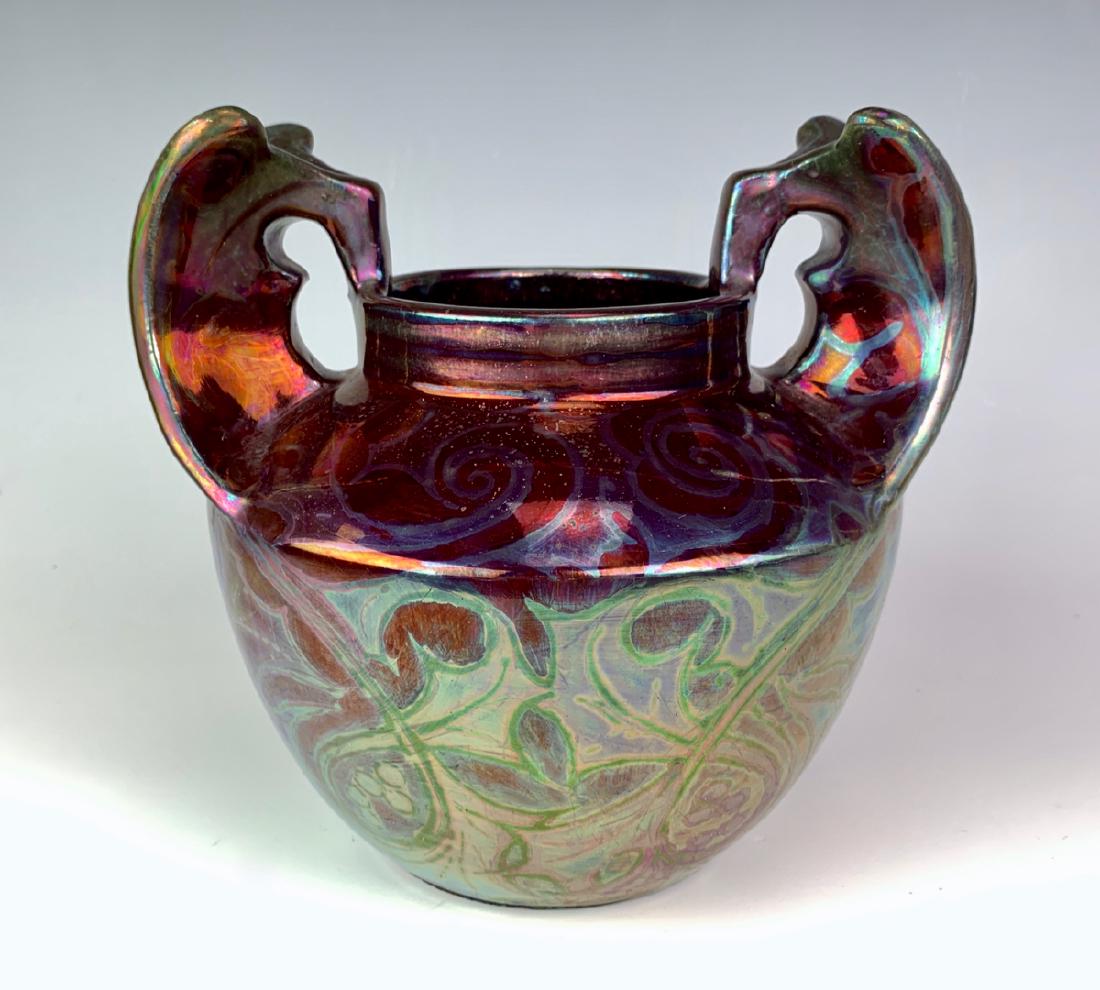 Clement Massier (1844-1917) Eagle Wing Vase: Circa 1920's, having a red and silver iridescent finish, signed twice "Clement Massier Golf Juan" and also impressed "Clement Massier", very good condition, 7.5" x 8"