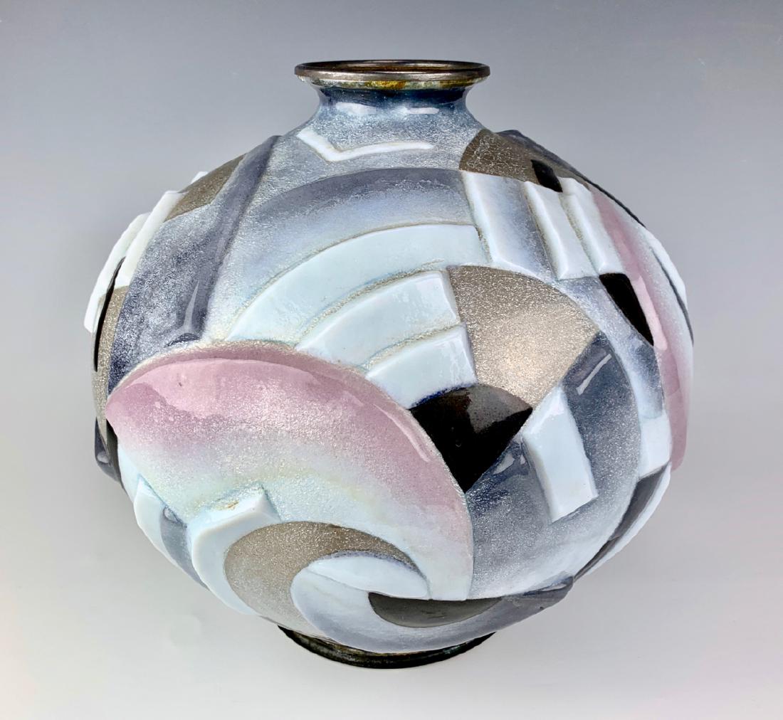 Large Camille Faure Art Deco Enamel Vase C. 1930s: Camille Faure (France 1872-1952), having a bas-relief motif in greys, white, black and pink enamel, signed "C. Faure Limoges", very good condition, 12" x 12"