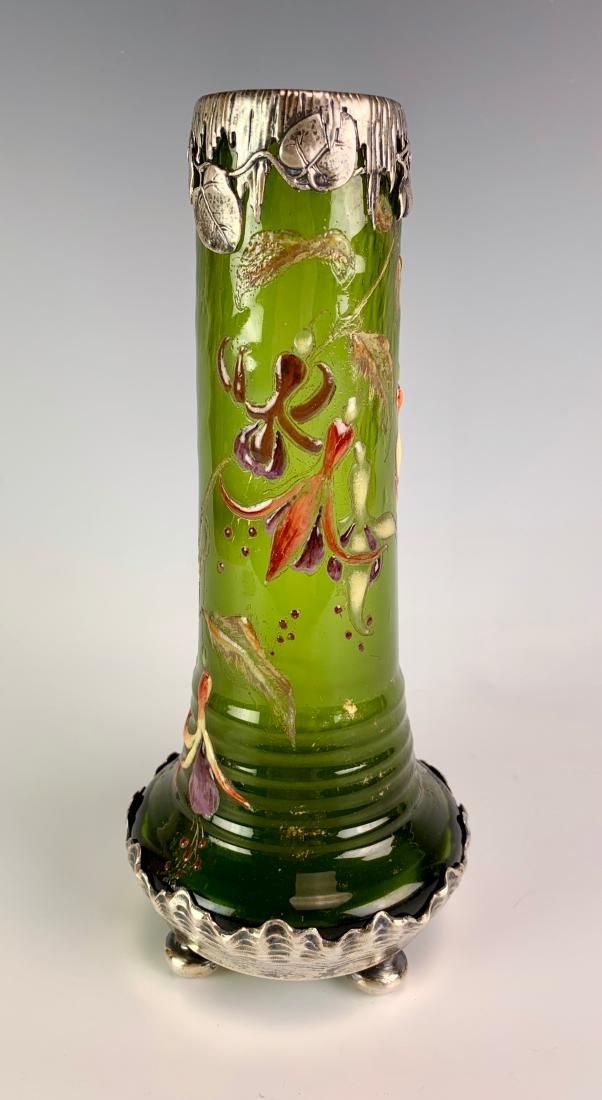 Emile Galle "Fuchsias" Enameled & Silver Vase: Emile Galle (1846-1904), enameled decor of fuchsia flowers on a green glass background, having a silver collar and base, signed "Christallerie de Galle Nancy" in a flower and "GG Depose 22" silver mar