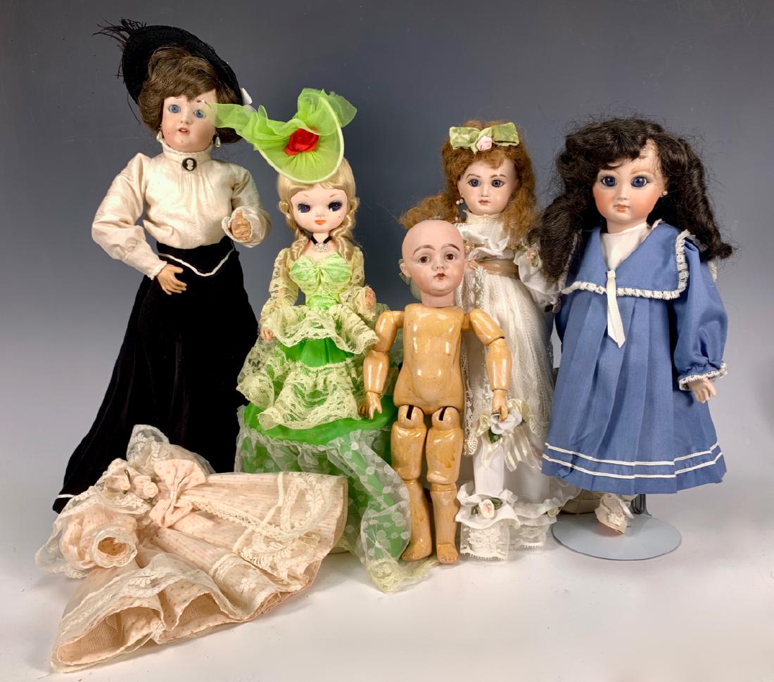 5 Reproduction Dolls: One reproduction Kestner 162 Lady Doll, bisque head, blue glass eyes, fully-jointed, composition lady body, no signature, 17.5"; one reproduction of Tete Jumeau, bisque head, blue paperweight eyes, fu