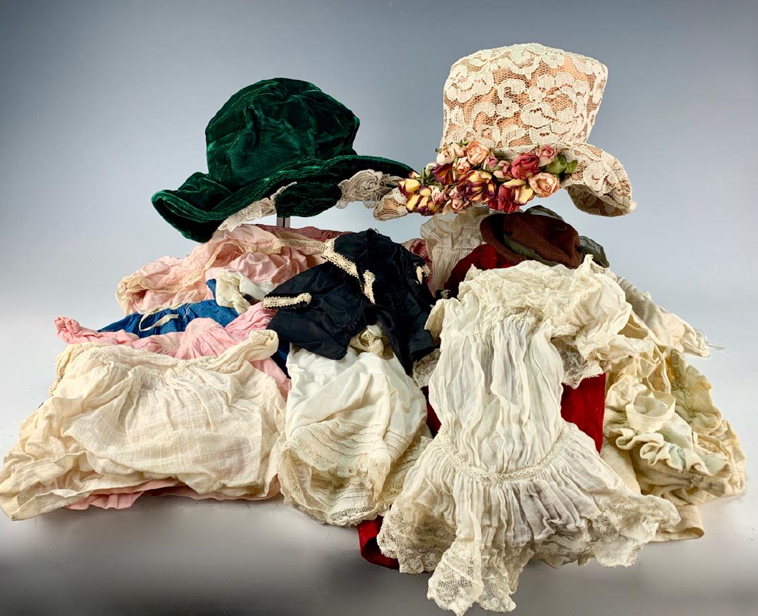 12 Pcs of Antique & Vintage Doll Clothes: For small to large dolls, including dresses, play clothes and undergarments, two human size hats, one doll hat wrinkled and dingy from age, good condition