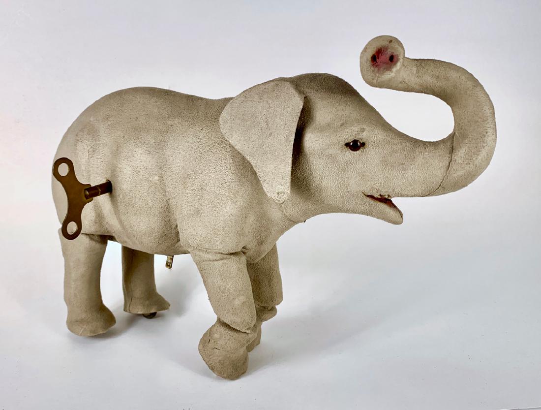 Roullet & Decamps Articulated Elephant Automaton: C. late 19th century, scarce French automaton clockwork elephant, covered in grey felt, articulated legs that move upon key wind, missing tusks, works then stops, 15" *Visit https://youtu.be/GAV5bGFvt