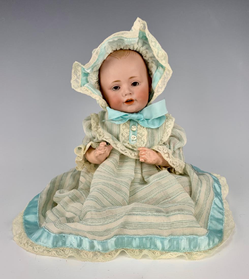 JDK Kestner Character "Baby Jean" C. 1910: German, brown sleep eyes, open mouth with teeth, color in mold seam, bald head with molded hair, excellent five-piece Kestner body, all clothing made of old fabric, very good condition, 11"
