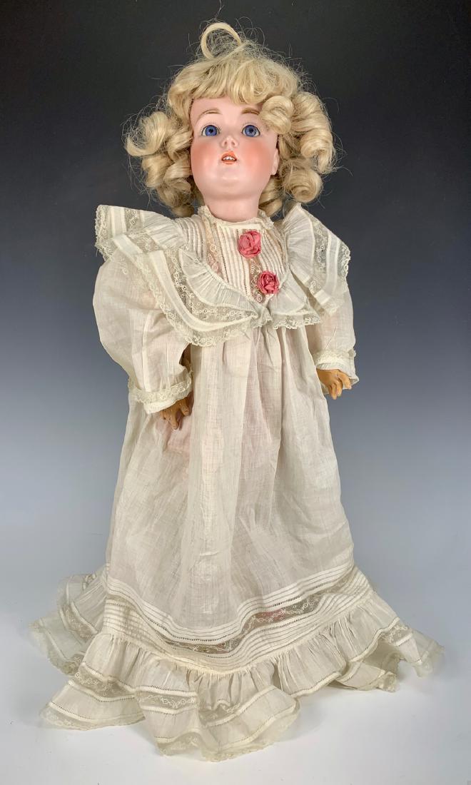 German Kestner 171 Doll C. 1890: Blue glass sleep eyes, bisque head on fully-jointed German body, body marked ÒGermany 4-1/2Ó, open mouth with teeth, original plaster pate, blond synthetic wig, antique christening gown, undergarmen