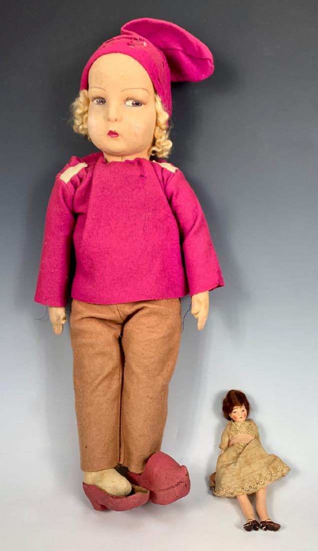 1 Lenci Style & 1 Five Piece Young Lady Doll: One French doll (Italian Lenci-type), felt pressed head and felt clothing, side glancing brown eyes, original costume with composition wooden shoes, right shoe missing top, some soil on cheeks and nos