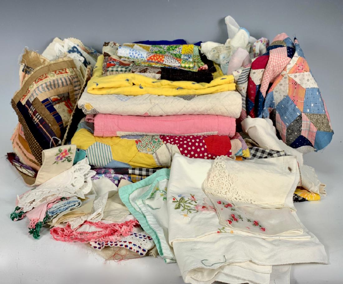 40 Plus Pcs. Mixed Textiles: Including miniature quilts, quilt squares, hankies and assorted small linens, ranging from vintage to antique, fair to very good condition