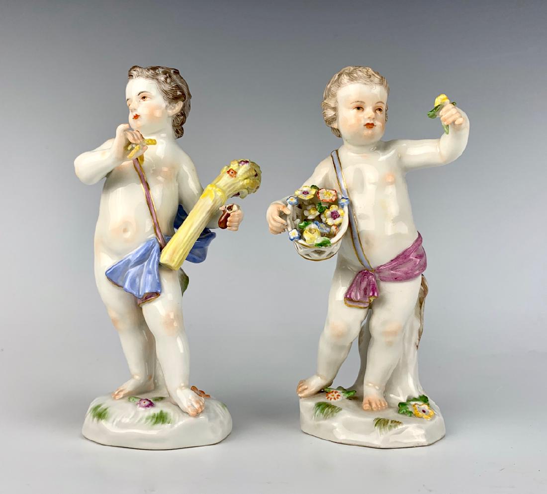 Pair of Meissen Spring & Summer Figurines: 19th century, both with blue underglaze crossed swords mark, one with wheat has something broken off in hand, 5.5" tallest