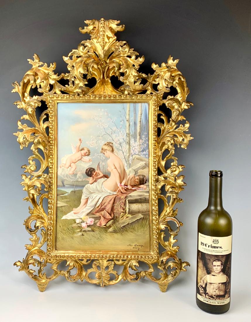 Joseph Zasche (1821-1881)Large KPM Quality Plaque: Crica 1870, Zasche was a master painter born in Austria, having a beautiful hand painted plaque of Venus and Psyche on porcelain, depicting Psyche bound with a silk ribbon with 3 cherubs nearby, signe