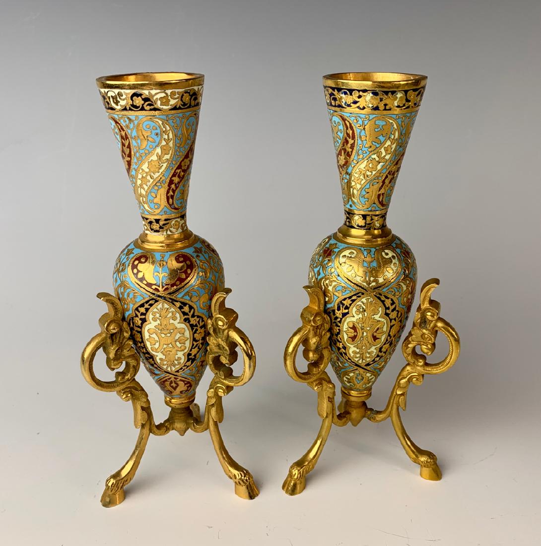 Pair Gilt Bronze and Champleve Vases: Late 19th century, French, having a pair of ovoid vases with flared necks in gilt bronze and champleve enamel, frame forming tripod base finished by hooves, very good condition, 7.25" height