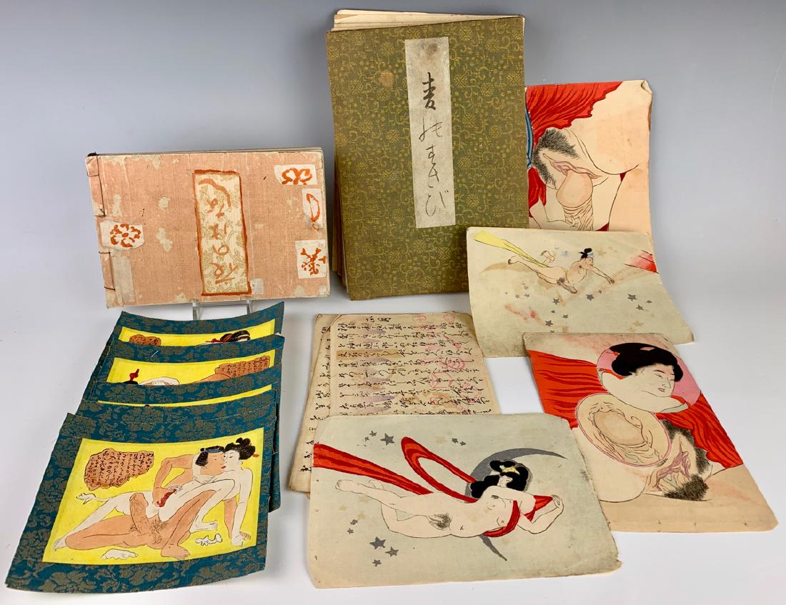 Collection of Japanese Erotica, Shunga Meiji: Meiji period 1868-1912, comprising loose pages from different books, most depicting couples enjoying daily activities and also including an ithyphallic man pursuing a nude deity floating before a silv