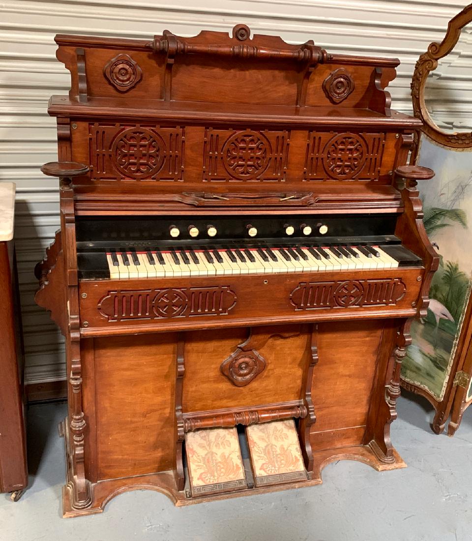 Victorian Walnut Organ by J.W. Andrew: Antique walnut pump organ made by J.W. Andrew, Empire model, good condition, 45" x 54"