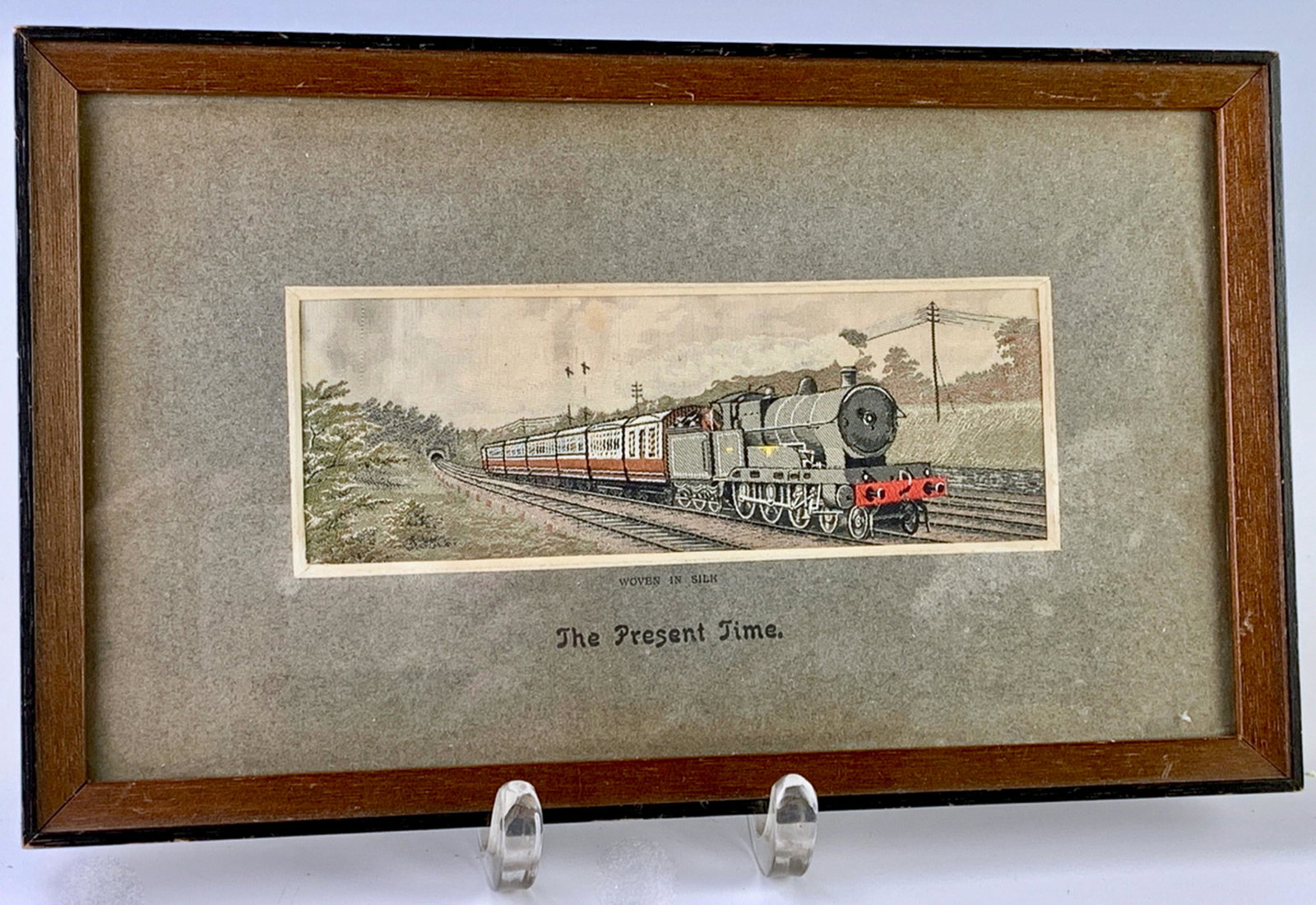 Silk Stevengraph "The Present Time" C. 1880: Has original advertisement on reverse, 6.75" x 2.5" sight, 11.25" x 6.75" with frame